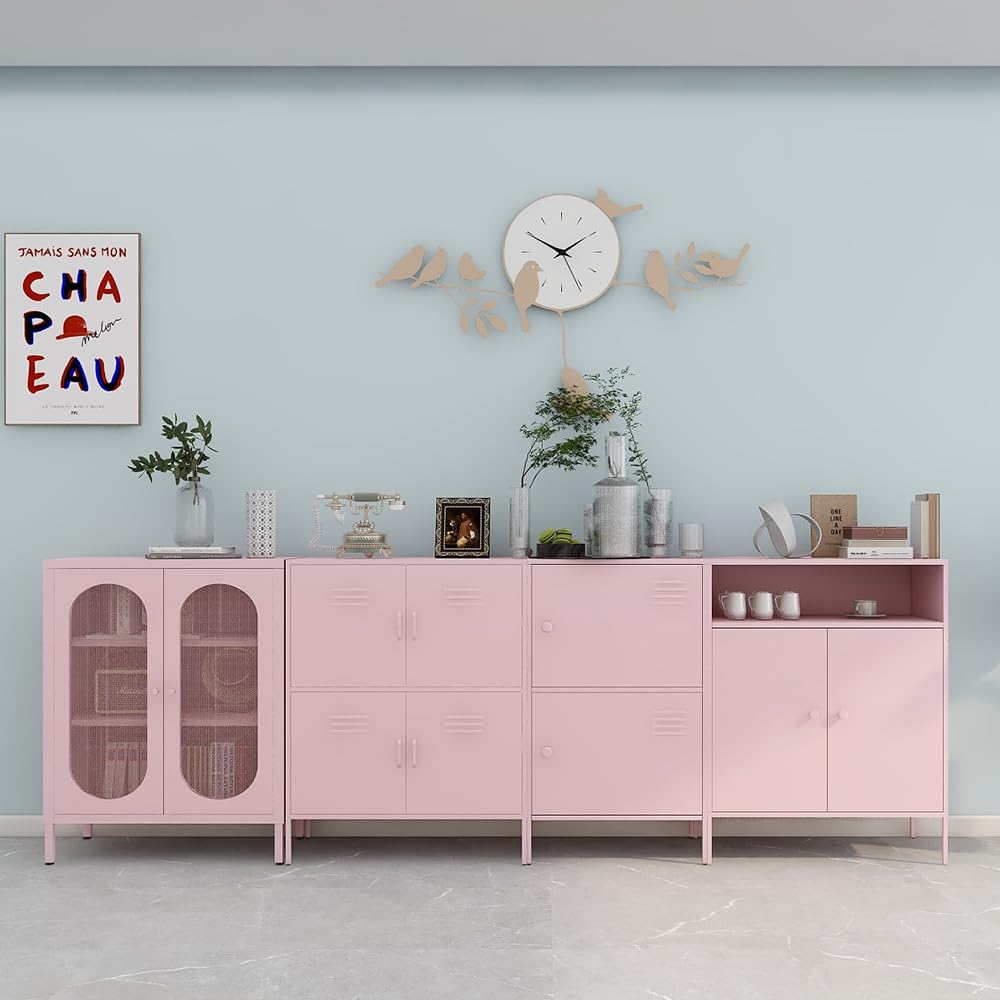 Fumedo 2 Mesh Door Metal Storage Cabinet for Bed Room,Living Room,Home,Hotel,Office,Garage,Kitchen,3-Tier,2 Removable Shelves (Mesh Door Cabinet, Pink) Fumedo