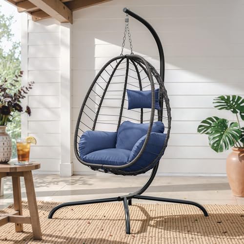 ALAULM Foldable Egg Chair with Stand, 485LBS Capacity Wicker Rattan Hammock Swing Chair for Outdoor & Indoor, Patio Hanging Chair with Strong Frame & UV Resistant Cushion for Balcony, Bedroom, Blue