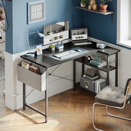 CubiCubi L Shaped Desk, 47 Inch Computer Desk with Reversible Storage Shelves Home Office Corner Desk Study Writing Table, Black CubiCubi