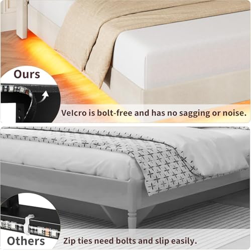 Garvee Queen Size Floating Bed Frame with RGB LED Lights and Charging Station, Upholstered Platform Bed with Storage Headboard and Button Tufted Design, No Box Spring Needed, Beige Garvee