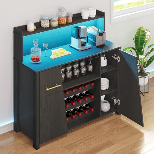 DWVO Bar Cabinet with LED Lights, 47'' Sideboard Buffet Coffee Bar Cabinet with Wine Rack and Glass Holder, Liquor Cabinet with Adjustable Shelf for Living Room, Kitchen, Dining Room, Black - WoodArtSupply