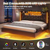 BYSAUD Floating Bed Frame with Hidden Storage in The Openable Marshmallow Headboard,King Size Bed Frame with Charging Station Including 2 Standard Sockets & Led Lights,PU Leather (King) BYSAUD