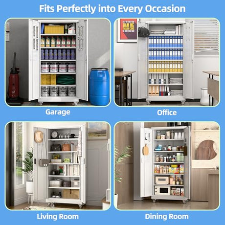 Aobabo Upgraded Garage Storage Cabinets with Wheels,Metal Storage Cabinets with 5 Adjustable Shelves for Garage Home Office Storage,White,71''H*34''W*18''D,Assembly Required Aobabo