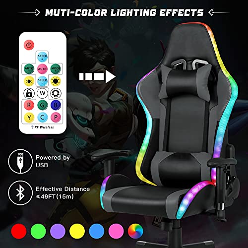 Gaming Chair with Speakers Video Game Chair with RGB LED Lights Ergonomic Racing Office Chair PU Leather Recliner Computer Chair Swivel E-Sports Chair with Lumbar Support Headrest Armrest, Black YOUTHUP