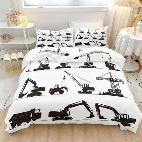 Single 61" x 79" Bedding Duvet Cover Set - White and Black Modern Construction Vehicle Minimalist Printed 3 Piece Brushed Microfiber Comforter Quilt Cover with Zipper Closure for Men and Women Generic