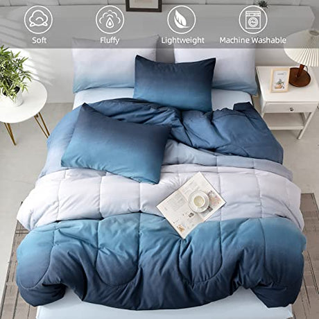 Anibedding Blue Comforter Set Queen - 7 Pieces Ombre Blue White Microfiber Bedding Set - All Season Down Alternative Light Ocean Sea Abstract Bed in a Bag for All Season (90" x90") Anibedding