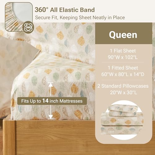 True North by Sleep Philosophy Flannel Sheets Queen Size, Cozy 100% Cotton Flannel Bed Sheets, Ultra Soft Cute Sheet Set, Novelty Print Themed Cold Weather Warm Bedding Set,Multi Leaves 4 Piece Sleep Philosophy