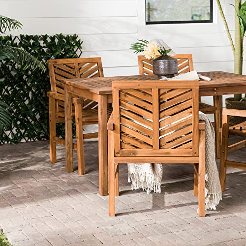 Walker Edison 4 Person Outdoor Wood Chevron Patio Furniture Dining Set Table Chairs All Weather Backyard Conversation Garden Poolside Balcony, 5 Piece, Brown Walker Edison