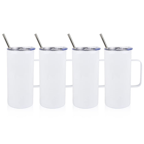 MAIKESUB 4 Pcs Sublimation Blank Skinny Tumbler 16 OZ White Mugs with Handle and Straw Double Wall Stainless Steel Coffee Travel Straight Mug with Sliding Lid MAIKESUB