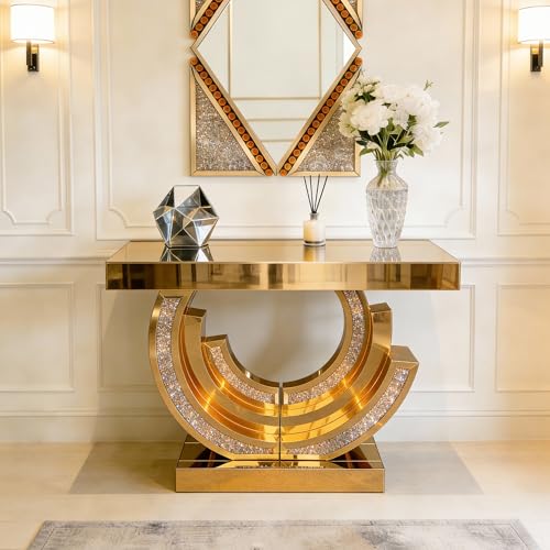 MELAABUU Mirrored Console Table, 42.9" Brown Rectangle Sofa Table with Sparkling Crystal 3C Shaped Base, Modern Luxury Mirrored Furniture with Diamond Glass Effects for Entryway Hallway Entrance MELAABUU
