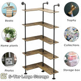DOFURNILIM Industrial Pipe Corner Bookshelf, Wall Wooden Bookcase with Open Shelves, L Shaped Ladder Pipe Pantry Shelving for Living Room, Bedroom, Home, Office, 5 Tiers DOFURNILIM