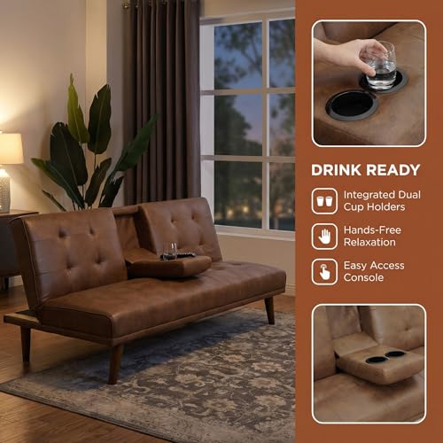 Anwick 66" Futon Sofa Bed with Cup Holders, Modern Brown Leather Loveseat for Living Room, Convertible 2 Seater Sleeper Sofa Couch for Small Compact, Office, Apartment Anwick