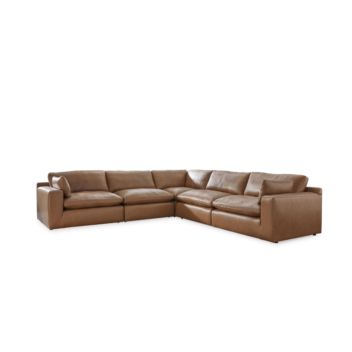 Signature Design by Ashley Emilia Modern Modular Leather Match 5-Piece Sectional with Loose Back Cushions and 2 Bolster Pillows, Light Brown Signature Design by Ashley
