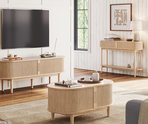 LINSY Fluted Console Table with Storage, Entryway Table Wood Entrance Tables for Front Door, Behind Couch Sofa Table with Shelves, Foyer Tables for Hallways, Living Room Boho Furniture, Light Wood LINSY