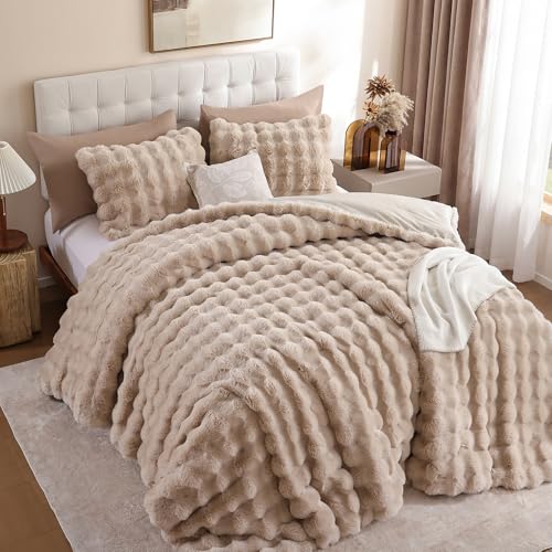 YIKUSH Linen Comforter Set Full - Luxurious Faux Fur Comforter for Winter, Fluffy Comforter Queen Set with 2 Pillowcases, Soft Warm Linen Bedding Set YIKUSH