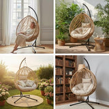 RUN.SE Hanging Egg Chair with Stand, Outdoor Indoor Egg Swing Chair with Cushion Headrest for Patio, Porch, Balcony, Bedroom, 350LBS Capacity (Dark Brown) RUN.SE