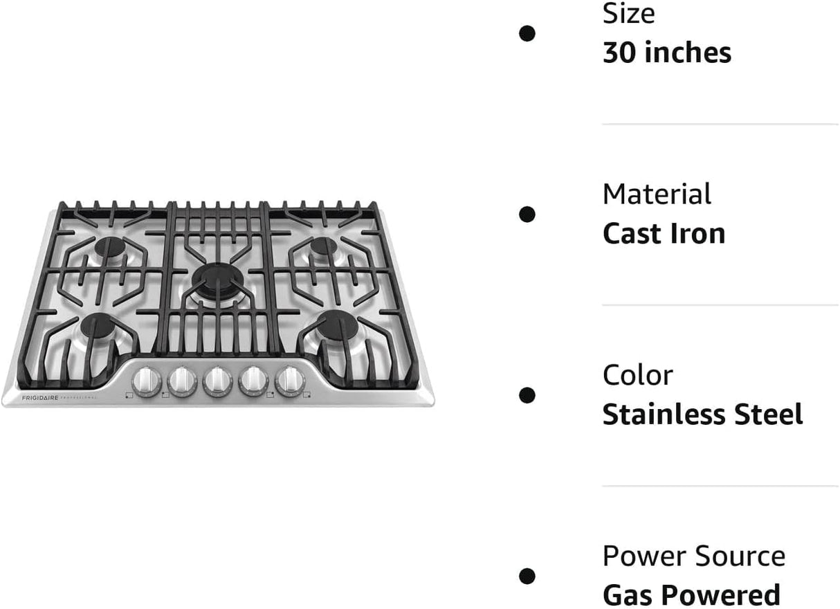 FRIGIDAIRE Professional 30-Inch Gas Cooktop, Stainless Steel, 5 Burners, Liquid Propane Convertible, FPGC3077RS Frigidaire