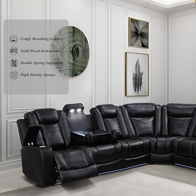 Power Recliner Sectional Sofa with LED Light, Breathing Leather Recliner Sofa Couch with Wireless Charger/Cup Holder for Living Room Home Office Theater (All Black) Pon Living Furniture Inc