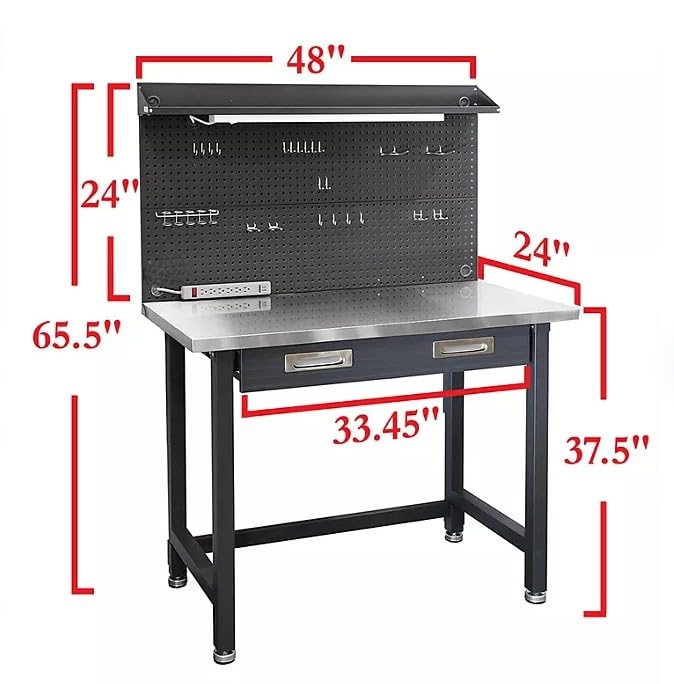 Heavy Duty Lighted Workbench with Pegboard, 48W x 24D x 65.5H inches (Graphite, Stainless Steel Top) - WoodArtSupply