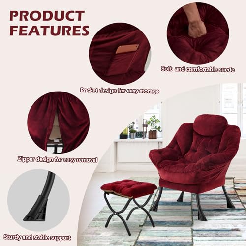 Congermom Lazy Chair with Folding Ottoman,Leisure Sofa Chair,Soft Fabric Armchair with Armrests and Side Pockets, Reading Chair with Footrest for Living Room, Bedroom, Office (Plush Red)