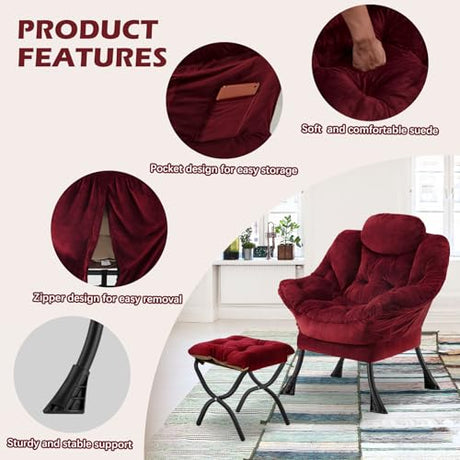 Congermom Lazy Chair with Folding Ottoman,Leisure Sofa Chair,Soft Fabric Armchair with Armrests and Side Pockets, Reading Chair with Footrest for Living Room, Bedroom, Office (Plush Red) Congermom