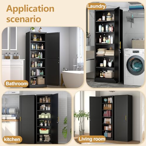 Lusiwry Tall Narrow Slim Metal Storage Cabinet with Lock and 5 Adjustable Shelves,Steel File Cabinets,Kitchen Pantry Cabinet Locker Organizer - 67" Storage Cabinets for Bathroom,Bedroom,Office,Black Lusiwry