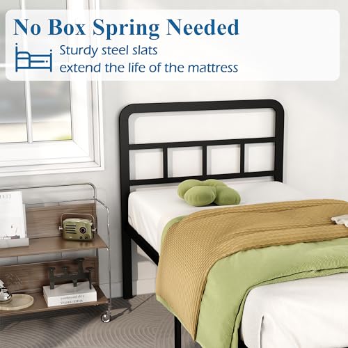 DiaOutro Twin Bed Frames with Headboard 18 Inch, Metal Platform No Box Spring Needed Heavy Duty Steel Slat Mattress Foundation/Easy Assembly/Noise Free/Black DiaOutro