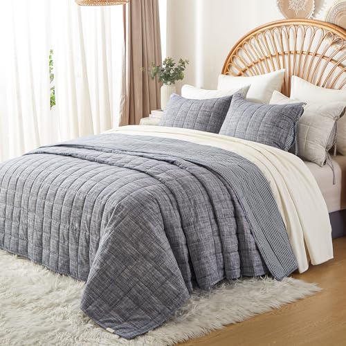 softpage Navy Quilts Queen Size， Cotton Bedspreads Queen Size，3-Pieces Queen Quilt Set with Blue Stripe Bedding Coverlet Light Weight Quilted Blanket with 2 Pillow Shams softpage