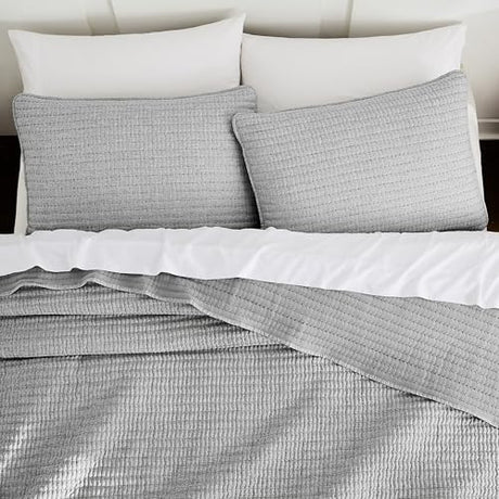WDCOZY Grey Pick Stitch Twin Size Quilt Set, Striped Channel Lightweight Soft All Season Bedspread, Bamboo Linen Like Textured Coverlet, Farmhouse Country Rustic Bedding, Thin Comforter WDCOZY