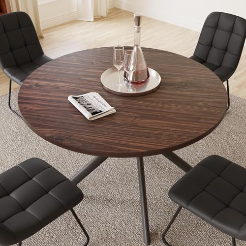 HIPIHOM 45.3 Inch Round Dining Table Set for 4, Mid Century Modern MDF Coffee Set for Dining Room Kitchen Apartment (Dark Walnut Table + 4 U-Shaped Black Chairs) HIPIHOM