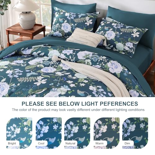 Anibedding 7Pieces Floral King Size Comforter Set, Garden Plant Flower Style Bed in a Bag Blue Bedding Comforter Set with Pillow Case for Bedroom Anibedding