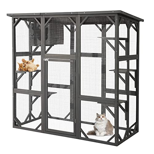 MAGIC UNION Large Fir Wooden Outdoor Indoor Catio Cat Enclosure with Weather Protection Roof with Cattery and 5 Platforms - WoodArtSupply