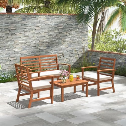 Tangkula 4 Pieces Outdoor Furniture Set, Acacia Wood Conversation Set w/Soft Seat Cushions, Stable Acacia Wood Frame, Patio Sofa & Coffee Table Set for Backyard, Porch, Poolside (White) - WoodArtSupply