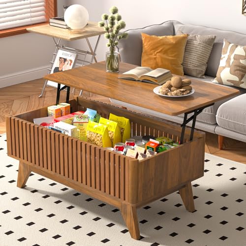 Lift Top Coffee Tables with Hidden Compartment, Mid Century Modern Coffee Table for Living Room, Fluted Design Farmhouse Center Table with Storage (Walnut) Oubayajia