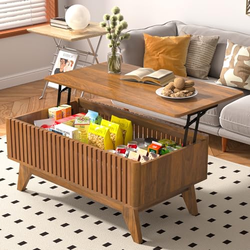 Lift Top Coffee Tables with Hidden Compartment, Mid Century Modern Coffee Table for Living Room, Fluted Design Farmhouse Center Table with Storage (Walnut) - WoodArtSupply