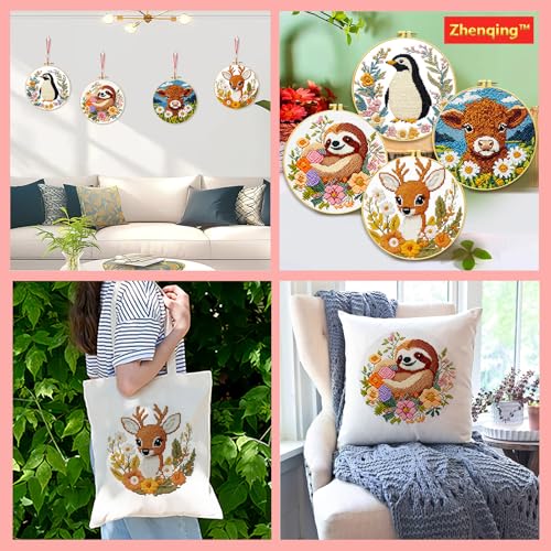 Zhenqing 4-Piece Animal Cross Stitch Kit for Beginners - Complete Set with Pre-Printed 11CT 24x24cm Fabric, Hoop & Tools (Penguin, Sloth, Cow, Deer Designs)(70405)