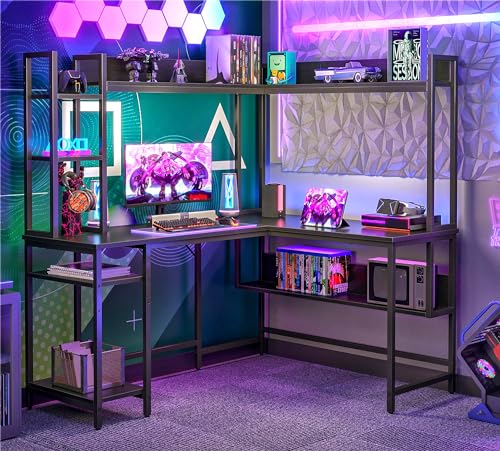 CubiCubi 60" L Shaped Gaming Desk with Hutch and Storage Shelves in Black - WoodArtSupply