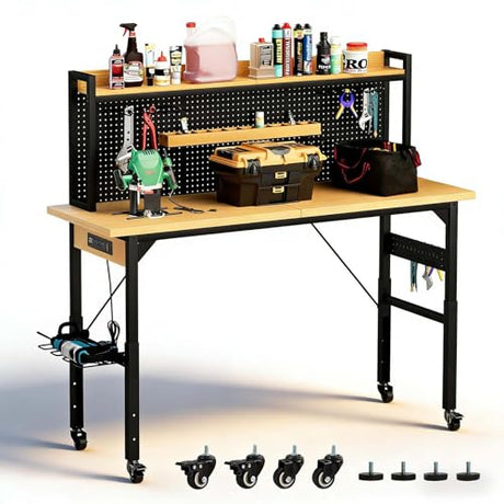 71" Adjustable Height Workbench with Pegboard & Wheels for Garage, Rolling Work Benches for Garage with AC/USB Outlet & Storage Shelf Hooks, 2000 LBS Load Capacity for Workshop, Office, Home (71'') NXZMDEMY