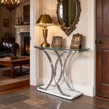 O&K FURNITURE Silver Glass Console Tables for Entryway,Glass Entryway Table with Curved Frames and Marble Base, Modern Entrance Table Sofa Table for Living Room,Hallway,Silver Glass&White Marble O&K FURNITURE