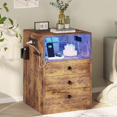 LIKIMIO Nightstand with Charging Station and 3 Drawers, LED Lights End Side Table with Interchangeable sockets and Hooks, Vintage Brown - WoodArtSupply