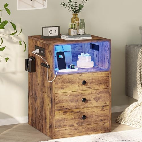 LIKIMIO Nightstand with Charging Station and 3 Drawers, LED Lights End Side Table with Interchangeable sockets and Hooks, Vintage Brown LIKIMIO
