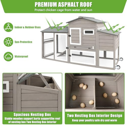 Chicken Coop with Wheels, Backyard Wooden Hen House Outdoor for 1-3 Chickens, 2 Story Poultry Cage Chicken Coop and Run, Nesting Box, Pull Out Trays, for Small Animals Rabbit Duck (Grey) - WoodArtSupply