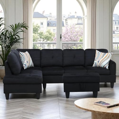 Trygoal L Shaped Couch Sectional Couches with Chaise and Storage Ottoman, 3 Pieces Modular Convertible Sofa for Living Room Furniture Sets and Small Apartment, Black Trygoal