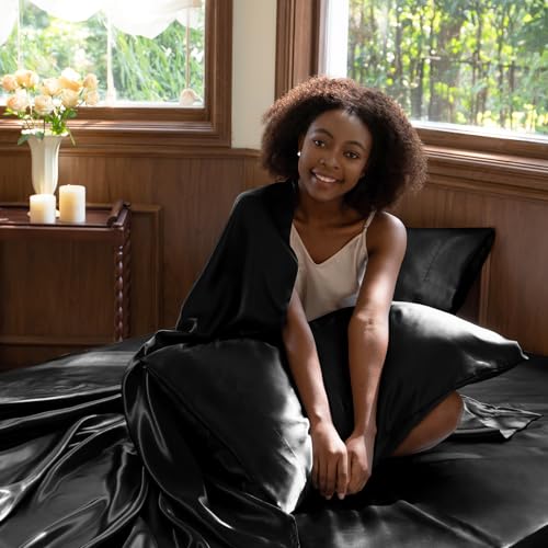 CozyLux Satin Sheets Queen Size Bed Set - 4 Piece Silky Queen Sheet Set, Luxury Black Queen Sheets with Smooth and Soft Microfiber, Includes 1 Fitted Sheet, 1 Flat Sheet and 2 Pillowcases CozyLux