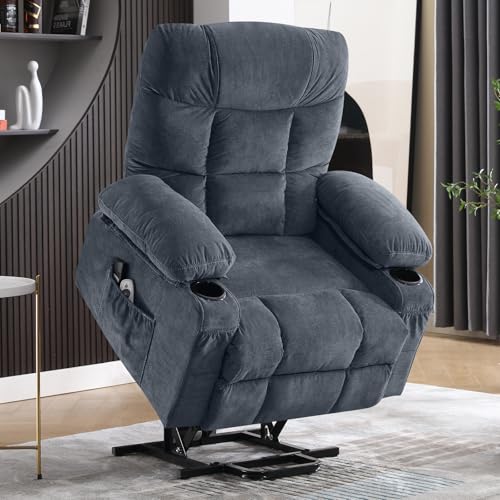 Power Lift Recliner Chair for Elderly, Electric Massage Recliner with Lumbar Heat, Fabric Single Sofa with 2 Cup Holders, USB Ports & Side Pockets, Infinite Position Motorized Chair for Living Room
