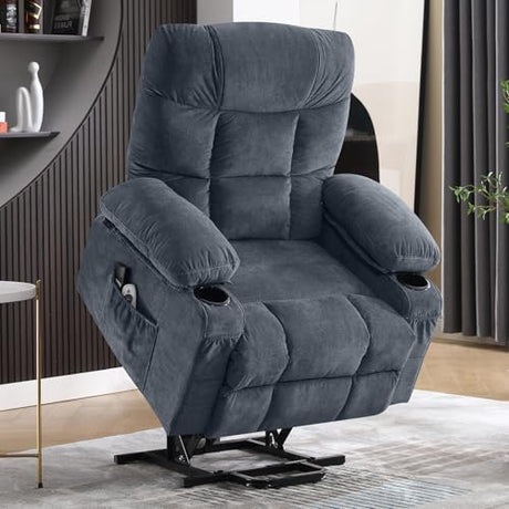 Power Lift Recliner Chair for Elderly, Electric Massage Recliner with Lumbar Heat, Fabric Single Sofa with 2 Cup Holders, USB Ports & Side Pockets, Infinite Position Motorized Chair for Living Room PoteSoar