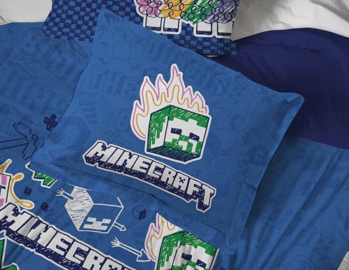 Jay Franco Kids Comforter Set Includes Sheets and Pillow Covers - Soft and Cozy Bed Set for Stylish Room Decor, Blue - Minecraft 02, 7 Piece Queen Bedding Jay Franco