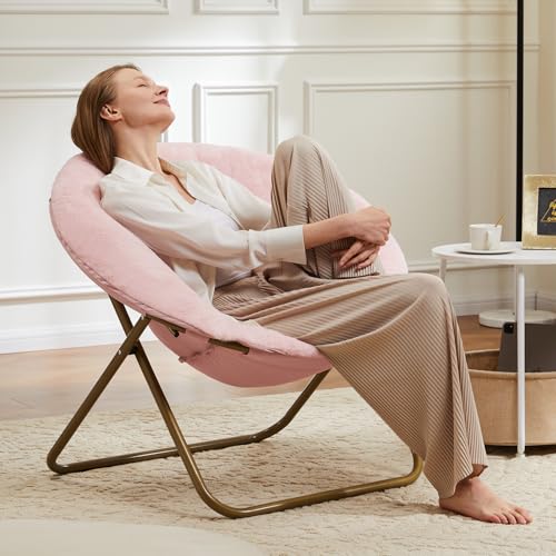 DUMOS Comfy Saucer Chair, Faux Fur Lounge Seasting XL Circle Chair for Bedroom, Dorm & Gaming, Foldable Fashion Accent Seat for Small Spaces, Folding Moon/Mushroom/Round Oversized Style