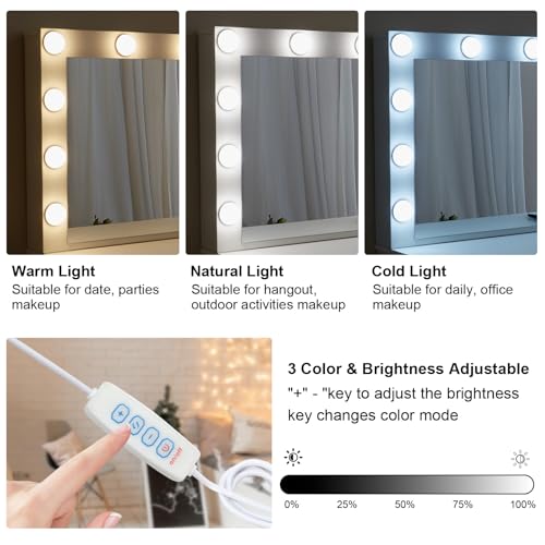 onesaimei Makeup Vanity Desk with Mirror and LED Lights, Vanity Desk with Drawers and Multiple Shelvers, Dressing Table with with Lighted Mirror for Bedroom, White onesaimei