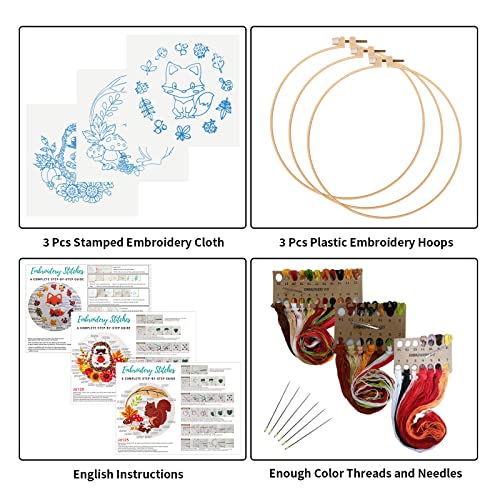 Louise Maelys 3 Set Animal Embroidery Kits for Beginners with Autumn Squirrel Hedgehog Fox Pattern,Adults Starter Cross Stitch Kit DIY Needlepoint